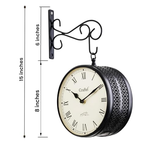 Image of CRAFTEL Double Sided Station Wall Clock Powder Coated Finish | Both Side Roman Numerals | Aluminum Matte-Finish Dial Brass Body | Dial - 8 Inches, Matte Black | 365 Days Warranty