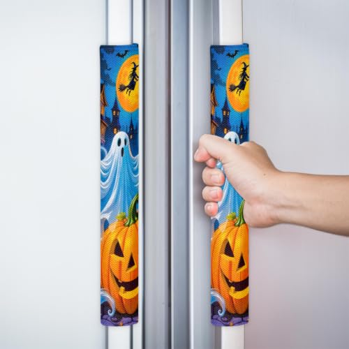 Image of Halloween Refrigerator Door Handle Covers Set of 2 Fridge Door Handle Decor | Spooky Moon Washable Dishwasher Mocrowave Oven Protector Handle Cover Keep Your Kitchen Appliance Clean
