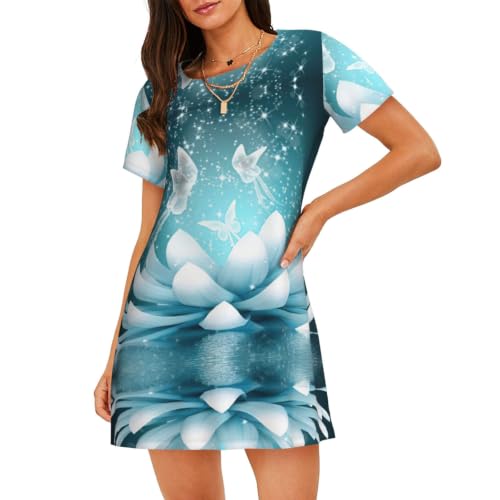 Uusnwaa Camisón de manga corta para mujer, suave, holgado, con estampado de flores de loto, Negro, XL