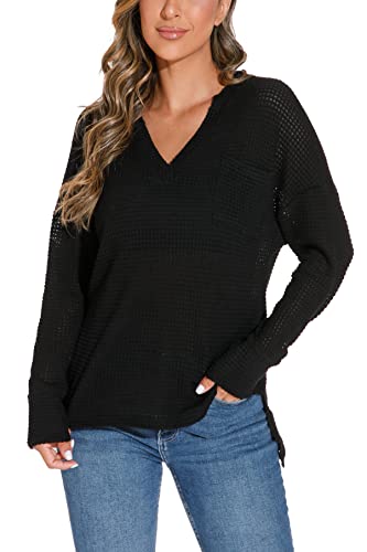 GUANYY Damen V Ausschnitt Waffelstrick Langarm Pullover Pullover Blusen, schwarz, Klein Cover