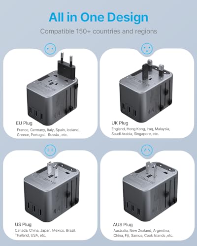 Image of Universal Travel Adapter, VINTAR 35.5W International Power Adapter with 3 USB A QC and 2 USB C PD, All in One Plug Adapter Worldwide Travel Essentials for EU /UK /USA /AUS(Type C /G /A /I), Silver