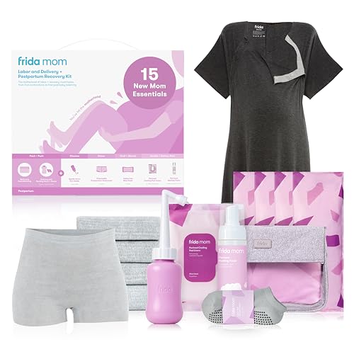 Image of Frida Mom 15pc Labor & Postpartum Kit Gift Set for Baby Showers & Mom to Be, Includes Peri Bottle, Nursing Gown, Disposable Underwear, Ice Maxi Pads, Pad Liners, Perineal Foam, Socks & Toiletry Bag
