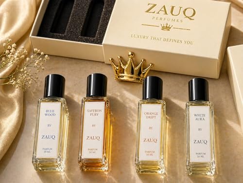 Image of ZAUQ Premium Perfume Gift Set for Men & Women | 4x20ml Parfum Collection | Orange Drift, Saffron Fury, White Aura, Blue Wood | Long Lasting French Fragrance | Perfect Luxury Gifting Box