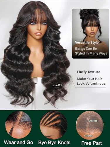 Image of KLAIYI Fluffy Body Wave Curtain Bang Wig Bye Bye Knots Glueless Pre Cut 7x5 Lace Front Wigs Human Hair Loose Wave Pre Bleached Pre Plucked Pre Everything 3S Easy to Wear and Go Wig 180% Density 24Inch