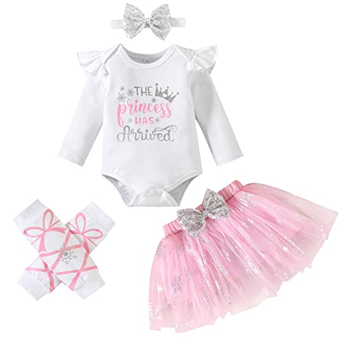 Image of Newborn Baby Girl Outfits Infant Letter Print Romper+Tutu Skirt+Headband+Legging Warmer Coming Home Clothes Set