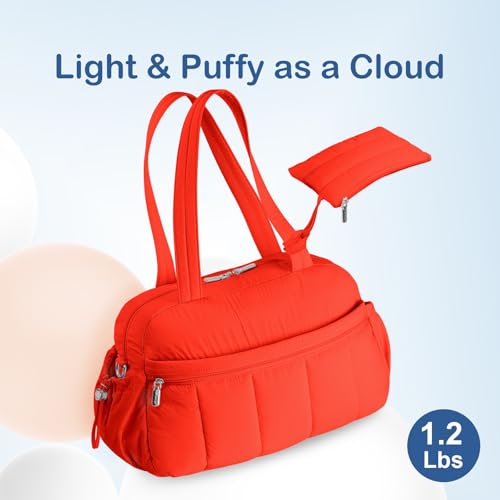 TOPDesign Travel Duffel Bag for Women, Puffer Gym Bag Sports Tote with Wet Pocket, Carry On Weekender with Luggage Sleeve (Red Orange)4