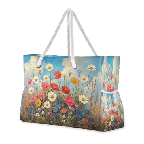 ATTX Wild Flowers Oil Painting Beach Bags for Women - Large Beach Bags with Zipper Waterproof Sandproof Swim Pool Bag Large Tote#383