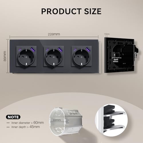 BSEED Steckdose mit USB C 20W, Schnellladen Wandsteckdose mit Krallen, EU-Standard Einbausteckdose Unterputz, Einfach Montage, 16A 250V, NEU E-Serie,3 Fach,228mm Grau