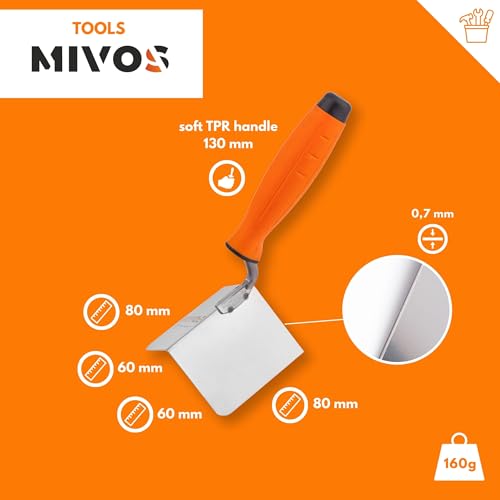 Mivos Kellen-Set 4-teilig - 2x Eckenkelle Rostfreie 80 x 60 mm - Stukateurkelle 120 x 128 mm - Trapezkelle 160 x 75 mm - Meurerkellen Set aus Edelstahl - Softgriff - Made in EU