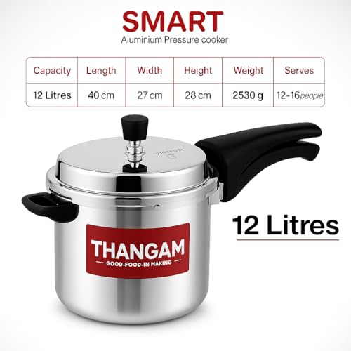Image of Thangam 12 Litre Aluminium Pressure Cooker | Heavy Gauge Cooker for Gas Stove | Durable Virgin Aluminium Body | Fast Cooking Silver Kitchen Cookware