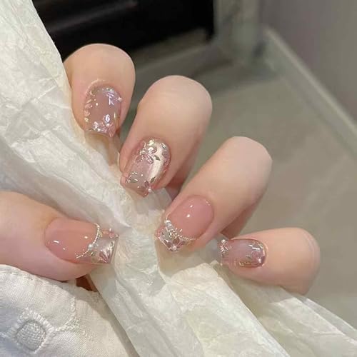 24PCS Nails for Girls, Press On Nails Kit, Floral Cat Eye Pearl French Nails, Nail Extensions for Women, Stick On Nails with Application Tools