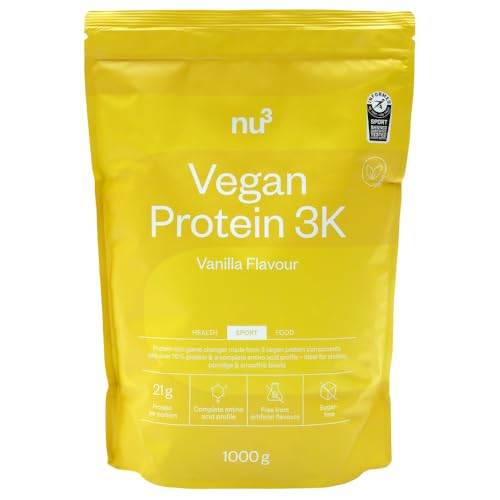 nu3 vegan Protein 3K Vanille 1 kg - Protein-Powder, pflanzlich, laktosefrei, ohne Soja, zuckerarm, gelatinefrei, aspartamfrei, cremig, Eiweißpulver für Muskelaufbau, Training & Alltag - 1000 g