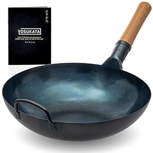 YOSUKATA Flat Bottom Wok Pan – 13.5″ Blue Carbon Steel Wok – Preseasoned Carbon Steel Skillet – Traditional Japanese Cookware for Electric Induction Cooktops Woks and Stir Fry Pans