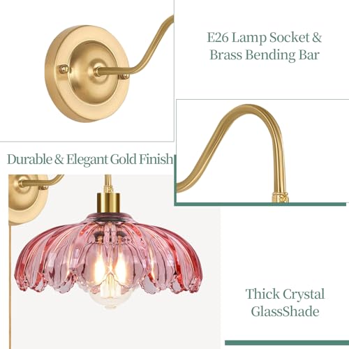 Image of ZECOXOL Vintage Plug in Wall Sconces Set of Two, Glass Wall Sconces Lamps with Flower Lampshade & Dimmable Plug in Cord, Dimmable Sconces Wall Decor Set of 2 Plug in Wall Lights Sconces for Bedroom