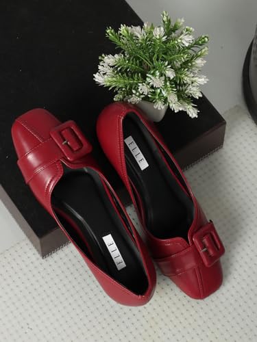 Image of ELLE Women's Square Toe Block Heels Slip-On Pumps with Buckle Detail