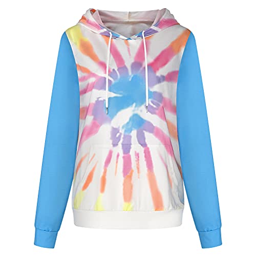 Women Fashion Lightweight Sweatshirts Casual Color Block Pullovers Hoodie Drawstring Floral Printed Pockets Long Sleeve (Small,Blue)