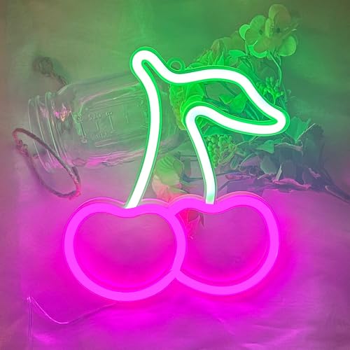 Image of Cherry Neon Sign Pink Green Cherries Neon Lights Cute Fruits LED Signs for Kids Room Restaurant Bar Fruit Shop USB Battery Neon Signs for Wall Decor