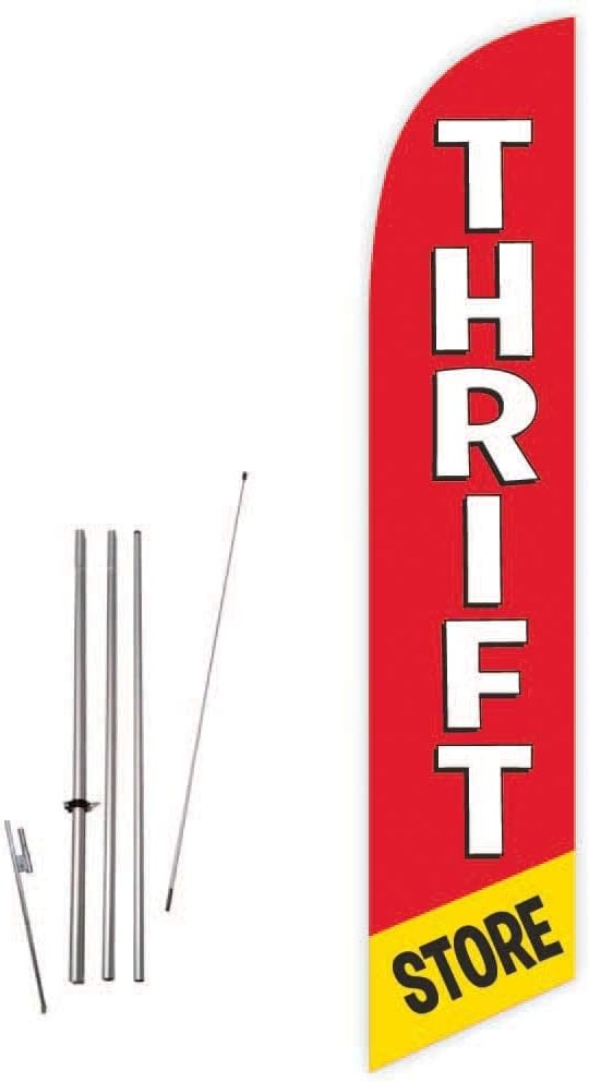 GLOBAL ADVERTISING SOLUTIONS Thrift Store Red Yellow Feather Flag Eye Catching Banner Sign for Business and Marketing Complete Set with 15 ft Pole Kit and Ground Spike