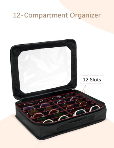 Image of Bukere Sunglasses Organizer Case for Multiple Pairs, 12 Slots Adjustable Glasses Box Women Men, Travel Eyeglasses Storage