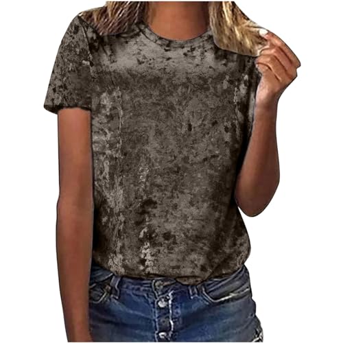 Image of Velvet Short Sleeve T Shirts for Women UK Crew Neck Tops Casual Fashion Blouse Crewneck Loose Fit Tunic Tops Summer Spring Outfit Ladies Work Office Tee Shirt Solid Color Top Khaki