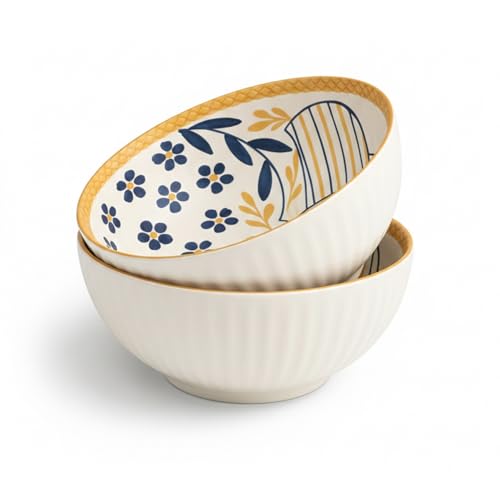 Image of Bohemian Porcelain Bowls Set of 2 | 300 ML Microwave & Dishwasher Safe | Designer Serving Bowls for Soup, Salad, Snacks & Desserts