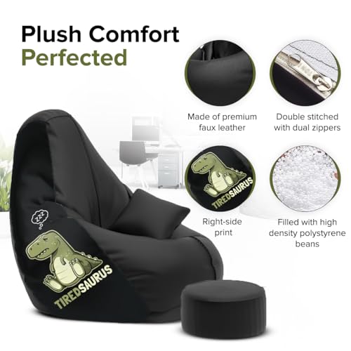 Image of Amazon Brand - Solimo 4XL Premium Faux Leather Bean Bag, Filled with Beans | Capacity: Upto 6 Ft 5 in Height, 125 KG Weight | Bean Bag with Beans Filled for Home, Living Room | Tired Saurus Print