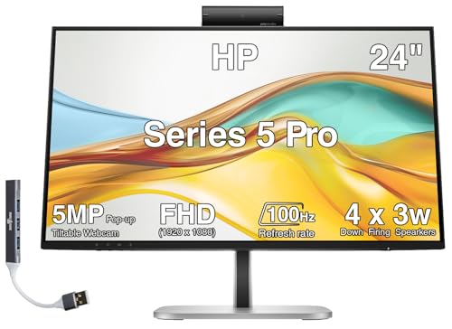 Image of HP Series 5 Pro 24 inch FHD USB-C Conferencing Monitor, 5MP Pop-up Webcam | 4x3W Speakers, VESA Mount (100mm), Displayport, HDMI & Dockztorm USB Port Expander, Black /Silver