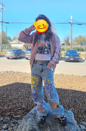 Girls Jeans Baggy Wide Leg Ripped Denim Pants Heart & Flower Print High Elastic Waisted Y2K Skater Outfits 8-12Y4