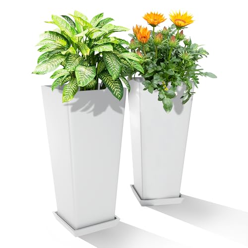 24″ Tall Planters for Outdoor Plants, Set of 2 Large Outdoor Planters for Front Porch Decor with Drainage Hole, Tall Planter(White)