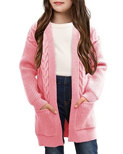 Image of Ermonn Girls Kids Open Front Cardigans Sweaters Long Sleeve Knit Cute Sweater Outwears with Pockets for 5-14 Years Pink