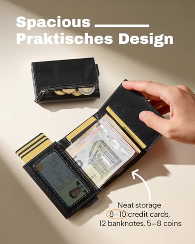 YESIIW Mens Slim Wallets Genuine Leather RFID Blocking Card Wallet for 9 Cards, Minimalist Wallets for Men UK with Coin Pocket & ID Window, Black2