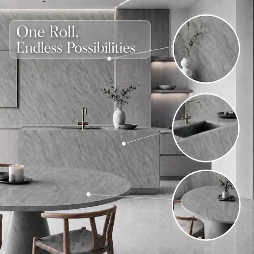 Image of Very Berry Sticker Marble Contact Paper (Gray Matte, 15.7 inch x 78 inch, 1 Pack) | Authentic marble pattern, Thick, Waterproof, Laminate vinyl, Self adhesive, Peel and stick wrap, For countertop and wall