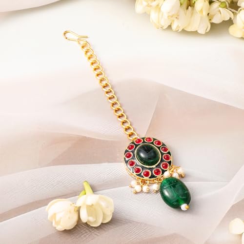 Image of Rubans Necklace Maangtikka Set Gold Plated Kundan & Pearl Jewellery Gift for Women & Girls