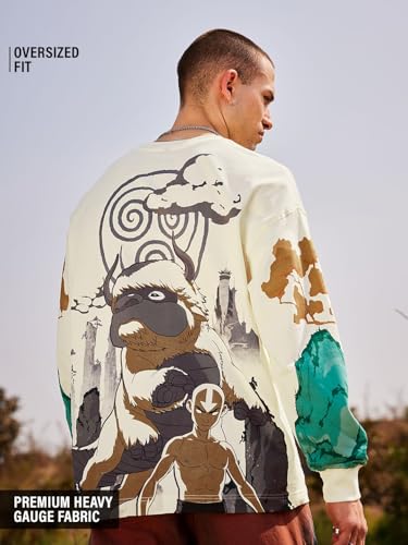 Image of The Souled Store Official Avatar: Aang and Appa Round Neck Beige Graphic Print 100% Cotton Oversized Fit Full Sleeve T-Shirts Oversized Men's T-Shirts Graphic Tees Casual Fashion Relaxed Fit Full