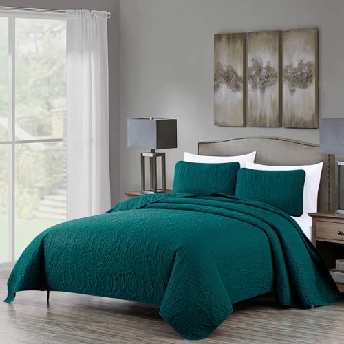 Image of Chezmoi Collection Austin 3-Piece Oversized Bedspread Coverlet Set (King, Teal)