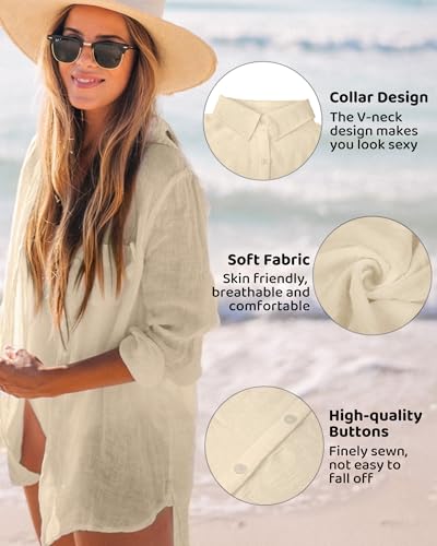Image of CoCozy Bathing Suit Cover Ups for Women, Long Sleeve Swimwear Button Down Shirt Dress Swimsuit Bikini Beach Cover Up 2026