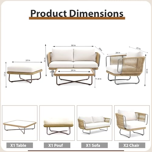 Image of Amazon Brand - Solimo Harbor Outdoor Rope Sofa Set | Balcony Sofa | Patio Conversation Sets | Braided Rope Garden Sofa Set and Ottoman (5 Seater- Beige & White)