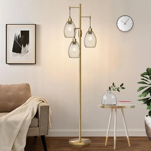 Image of Dimmable Floor Lamp, 3 x 800LM LED Edison Bulbs Included, Farmhouse Industrial Floor Lamp Standing Tree Lamp with Elegant Teardrop Cage Tall Lamps for Living Room Bedroom Office Dining Room-Brass