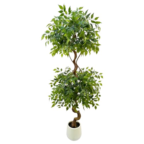 Joyplants Árbol de ficus artificial con hojas blancas abigarradas, decoración de interiores en maceta (ficus fino, 6 pies)