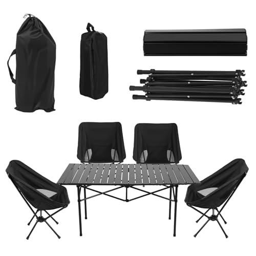 Mitoydoe Juego de 4 mesas de camping plegables con 4 sillas, mesa de jardín plegable para camping, jardín, pícnic, exterior e interior, acero al carbono resistente al óxido (1 mesa + 4 sillas), color