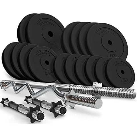 Physionics® Barbell Set - 45/75/105/125kg, Steel Barbell Bar (165 cm/Ø30 mm), 2 Dumbbells, EZ Curl Bar, Weight Plates (Ø31mm), Spinlock Collars - Powerlifting Cover