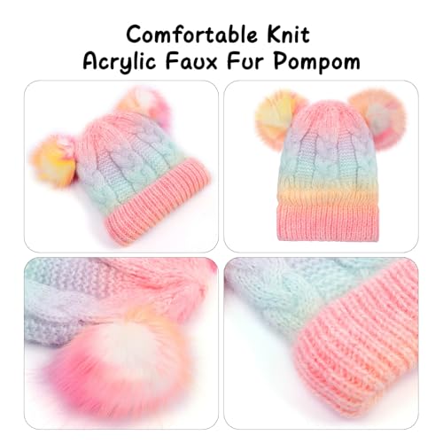 Girls Rainbow Pompom Beanie Hats Winter Knit Fleece Lined Beanies Hat for Kids Outdoor Snow Ski Skull Cap Age 7-124