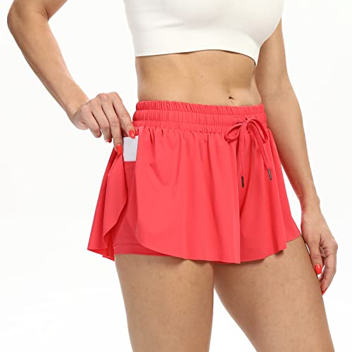 Image of 2 in 1 Flowy Running Shorts for Women Gym Yoga Athletic Womens Workout Biker Spandex Lounge Sweat Skirt Summer