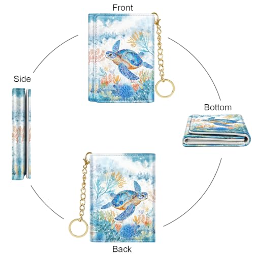 Image of Turtle Small Wallet Women, RFID Blocking Trifold Wallet, Cute Credit Card Holder with Kaychain, Credit Card Wallets, Vegan Leather, 7 Card Slots, ID Window, Wallets for Women Ladies Girls
