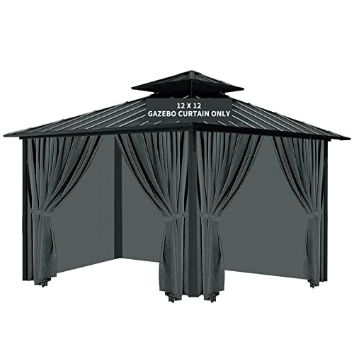 Gazebo Universal Replacement Privacy Curtain, 12'X12' Gazebo Curtains Outdoor Waterproof, 4-Panels Sidewall with Zipper for Patio, Garden and Backyard (Only Curtains, 12'X12', Grey)