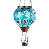DREAMSKIP Solar Hot Air Balloon Lantern Flickering Flame, Sky Blue Glass Hot Air Balloon Solar Lantern Outdoor Waterproof, Decorative Hanging Hot Air Balloon Solar Light for Outside Garden Patio Yard