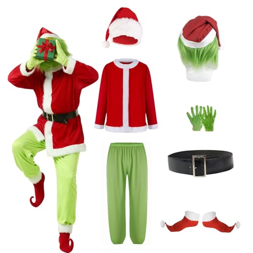 Adrinfly 7pcs Christmas Big Monster Santa Suit for Adult Green Deluxe Santa Costume With Mask