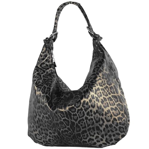 modamoda de 337 Damen Leder Schultertasche Shopper Large handmade in Italy, Farbe:Leo/Schwarz_Silbergrau/Metallic