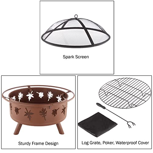 Fire Pit - 32-Inch Round Outdoor Wood-Burning Fireplace With Steel Bowl, Leaf Cutouts, Spark Screen, Log Poker And Storage Cover By Pure Garden (Rust) #TOP4
