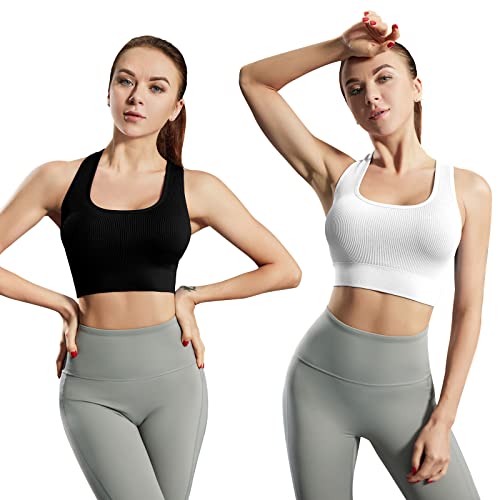 Amriy Racerback Sports Bras For Women Medium Support Padded Bra Supportive Compression Seamless Women's Sports Wireless Bra Black White,L #TOP1